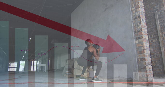 Image of data processing with red arrow over man exercising with ball in gym