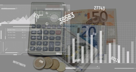 Image of financial data processing over calculator, euro currency bills and coins
