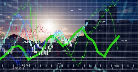 Image of financial data processing over cityscape