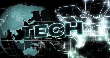 Obraz premium Image of tech text over globe on black background