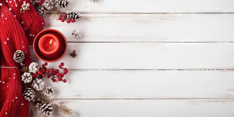 Christmas and New Year background with red knitted scarf, candles and fir branches on white wooden background Generative AI