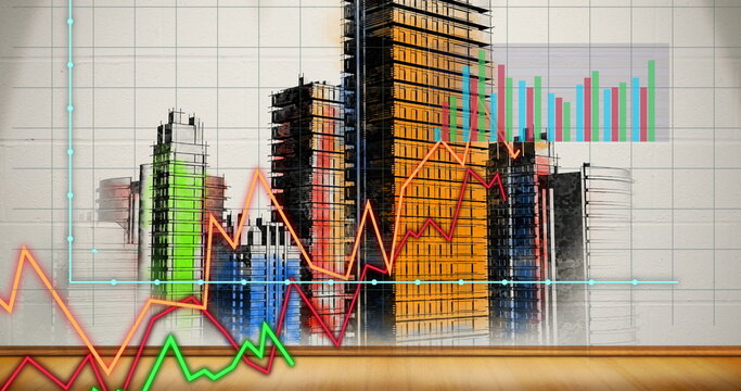 Image of financial data processing over cityscape
