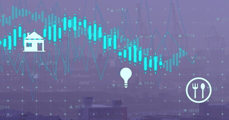 Image of data processing and icons over cityscape