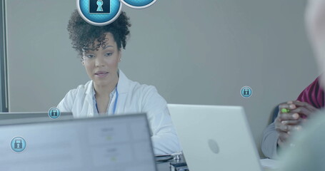 Image of security padlock data processing over diverse doctors in office