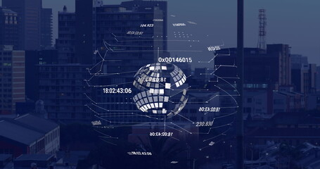Image of globes over cityscape