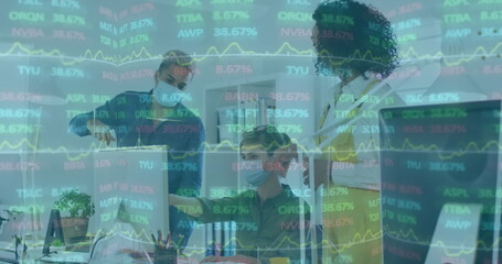 Image of digital interface showing statistics with colleagues in office wearing face masks