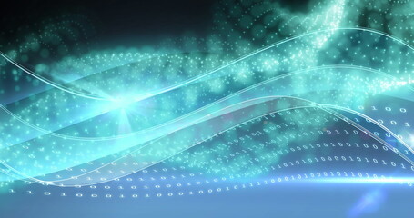 Image of blue wave and data processing over dark background