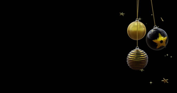 Black and gold christmas baubles swinging with gold stars on black background, copy space