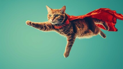 Superhero cat, Cute kitty with a red cloak and mask jumping and flying on light blue background...