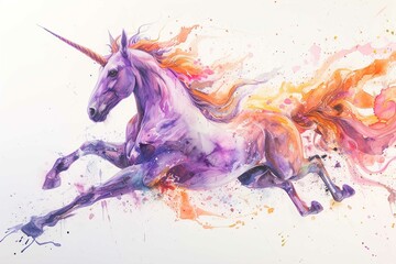 A whimsical watercolor illustration of a unicorn with a flowing mane and horn. The colorful design, mythical creature