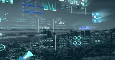 Image of financial data processing over cityscape