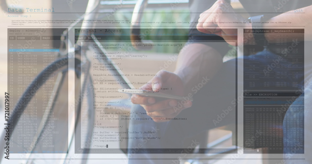 Poster image of data processing on computer screens over man using smartphone