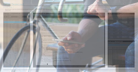 Image of data processing on computer screens over man using smartphone