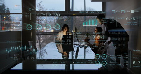 Image of financial data processing over diverse business people in office