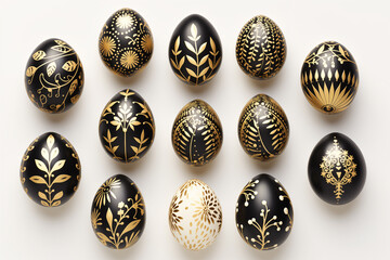 Set of black and golden easter eggs with decorative floral patterns on white