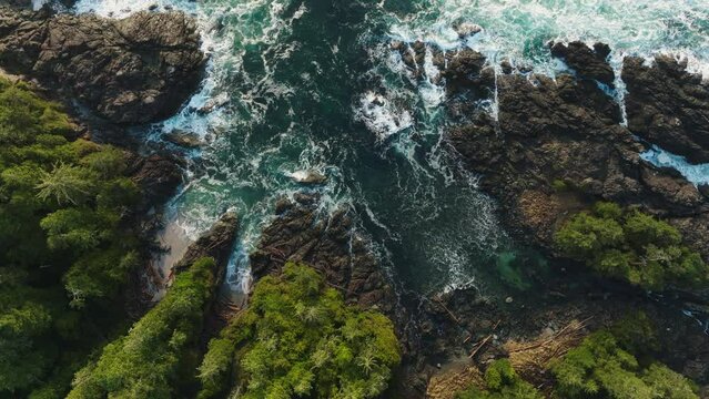 Drone video at sunset in Ucluelet British Columbia, Canada over the ocean and forest