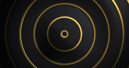 Abstract black and gold concentric circles create a dynamic background