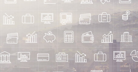 Image of financial icons over cityscape