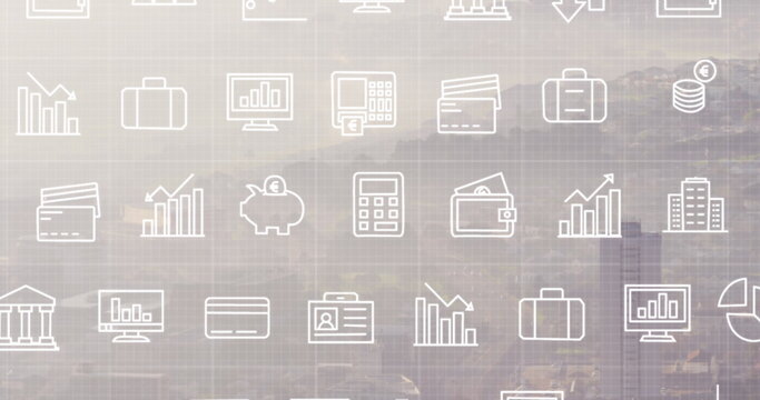 Image of financial icons over cityscape - Powered by Adobe