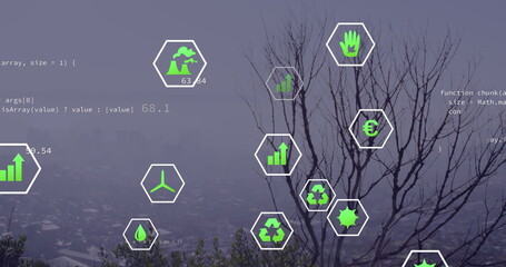 Image of data processing and icons over cityscape
