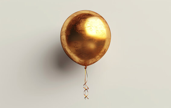 a gold balloon with two string strings attached to it that hangs from the ceiling