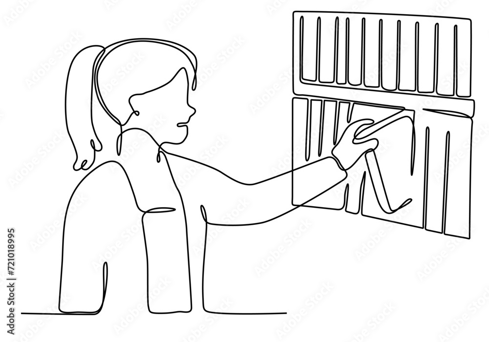 Wall mural continuous line of woman picking up books in bookcase