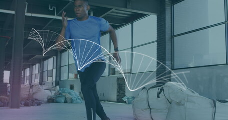 Image of dna strand spinning over man running, exercising in gym