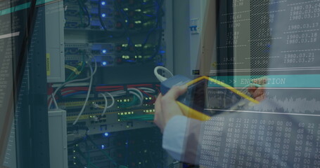 Image of data processing on computer screens over man checking computer server