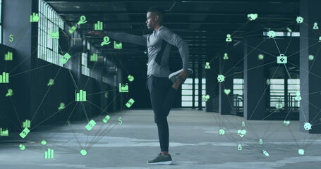 Image of network of connections with economical icons over man exercising by the sea