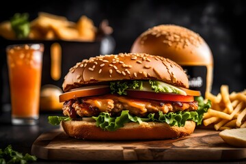  A tantalizing image of a Zinger Burger, with the focus on the perfectly toasted bun and the promise of a flavor-packed experience in every bite - obrazy, fototapety, plakaty