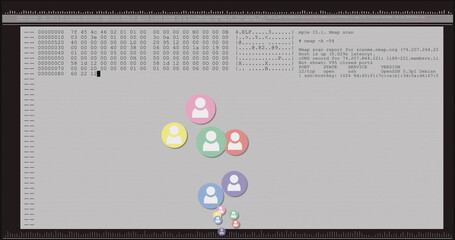 Image of social media people digital icons over data processing on computer screen