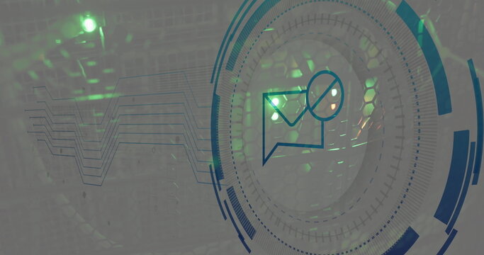 Image of envelope icon over data processing and server room