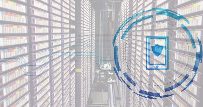 Image of smartphone icon over data processing and server room - Powered by Adobe