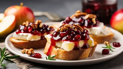 Bruschetta with cottage cheese, cranberry sauce and walnuts Generative AI