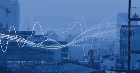 Image of digital data processing over cityscape