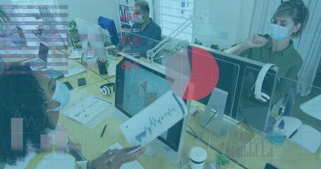 Image of digital interface showing statistics with colleagues in office wearing face masks