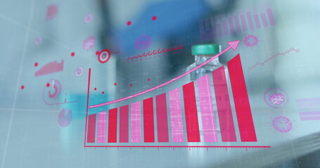 Image of digital interface showing statistics with covid-19 vaccine standing on table