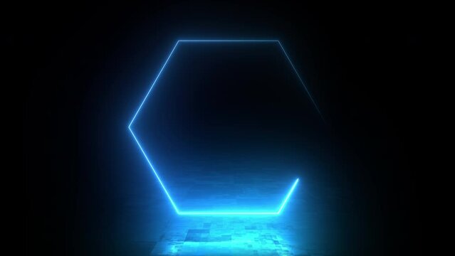 Glowing neon blue hexagon animation on black background. Seamless loop
