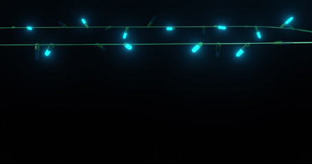 Blue christmas string lights flashing on black background, copy space