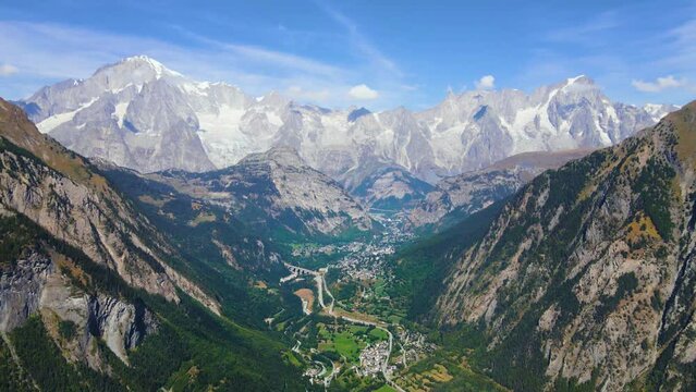 Drone shot flying through the Aosta Valley in Italy.