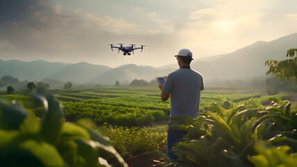 Fototapeta premium Person flying drone above the farm field
