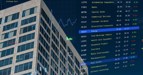 Image of financial data processing over modern building