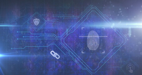 Fototapeta na wymiar Image of biometric fingerprint and data processing over blue background