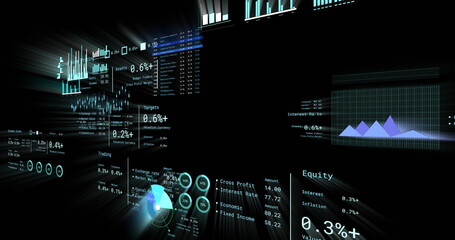 Image of financial data processing with numbers over black background