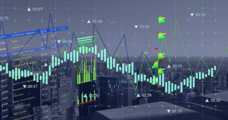 Image of financial data processing over cityscape