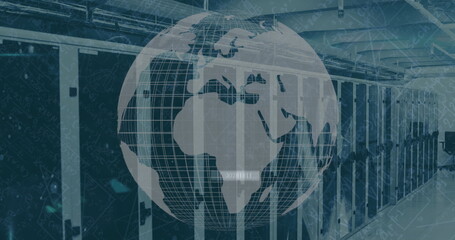 Image of social media icons and globe over server room