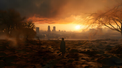 Fototapeta premium Destroyed city at sunset