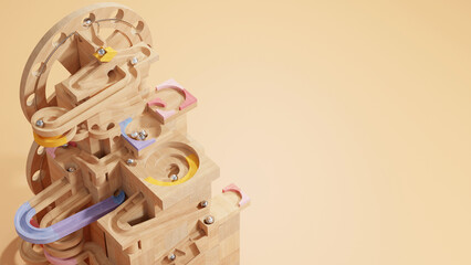 Wooden Marble Run Toy. Marble Machine with Wooden Blocks and Warm Lighting. Vintage Rolling Ball Sculpture. 3D Rendering	
