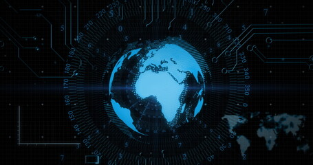 Image of scope scanning and data processing with globe on black background