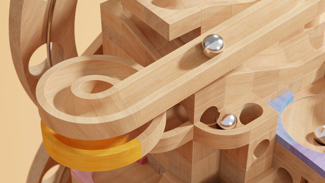 Wooden Marble Run Toy. Marble Machine with Wooden Blocks and Warm Lighting. Vintage Rolling Ball Sculpture. 3D Rendering	
